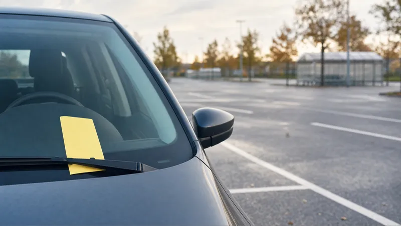 Gelber Zettel klemmt unter dem Scheibenwischer eines Autos auf einem leeren Supermarktparkplatz